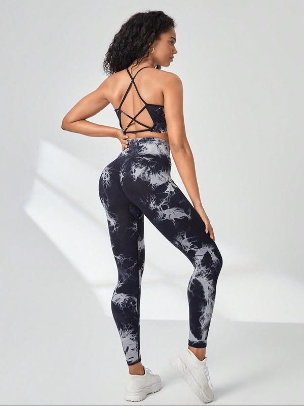 2 Piece Set Women's Tie Dye Print Sports Tracksuit Set, Backless Criss Cross Crop Cami Top & High Waist Leggings, Jogging Suit Set, Ladies Sportswear for Indoor Outdoor Wear, Minimalistic Outfit, Birthday Outfit Black Girl, Fall Outfits