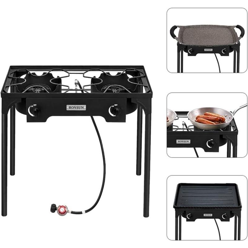 2 Burner Outdoor Portable Propane Stove Gas Cooker, Heavy Duty Iron Cast Patio Burner with Detachable Stand Legs for Camp Cooking (2-Burner 150,000-BTU)