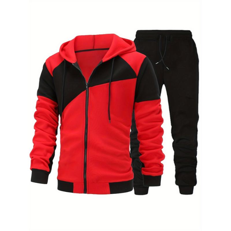 2-piece Men's Fall Winter Sports Outfit Set, Men's Color Block Long Sleeve Hooded Zip Up Sports Jacket & Solid Drawstring Joggers Set