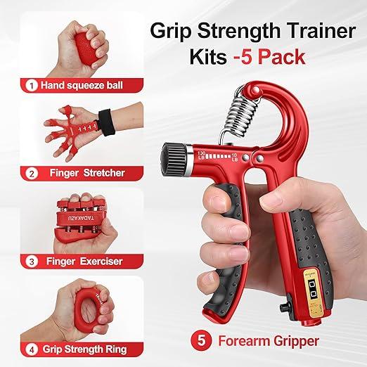 Grip Strength Trainer Kit (5 Pack) Adjustable Resistance Hand Gripper,Finger Exerciser,Hand Extension Exerciser,Stress Relief Ball and Forearm Workout Ring for Muscle Building Injury Recover