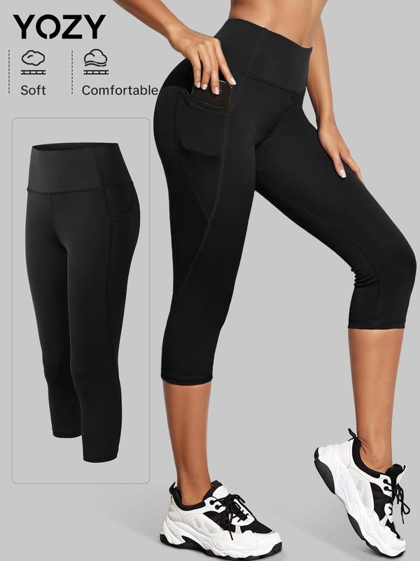 YOZY High Waist Pocket Side Sports Leggings, Sporty Stretchy Capri Skinny Pants, 2024 Women's Daily & Sports Wear for Yoga, Gym, Workout, Running