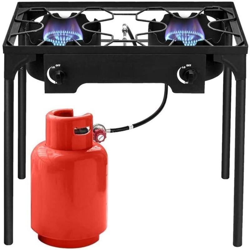 2 Burner Outdoor Portable Propane Stove Gas Cooker, Heavy Duty Iron Cast Patio Burner with Detachable Stand Legs for Camp Cooking (2-Burner 150,000-BTU)