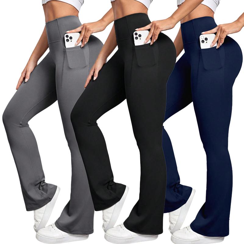 Women's High-Waist Flare Leg Yoga Pants  - Stretchy, Pocketed, Solid Color, Gym-Ready, Breathable, Quick-Drying, Sports Leggings  normal type outfit