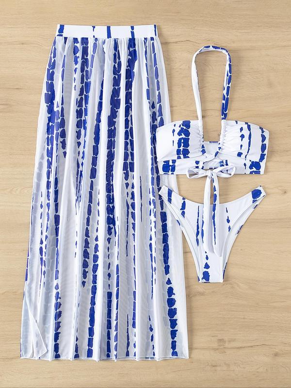 Three-piece Set Women's Tie Dye Print Criss Cross Padded Halter Bra & Split Thigh Skirt & High Cut Panty Swimwear Set, Boho Cut Out Sleeveless Top & High Waist Long Skirt & Panty Summer Swimwear Set, Bathing Suits Women, Minimalistic Outfit