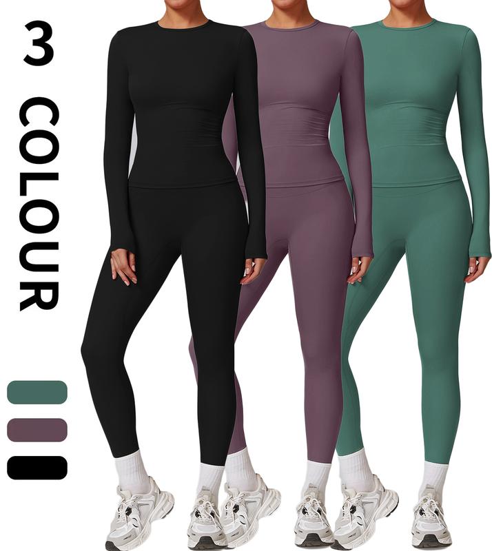 Kabuer Women's Yoga Set - Solid Color Long Sleeve Top and High Waisted Leggings for Gym and Outdoor Fitness Color Tracksuit Set winter sport clothes