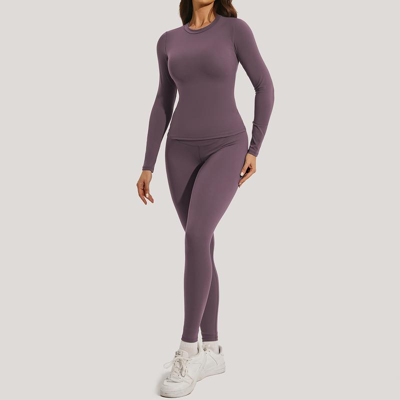 Kabuer Women's Yoga Set - Solid Color Long Sleeve Top and High Waisted Leggings for Gym and Outdoor Fitness Color Tracksuit Set winter sport clothes