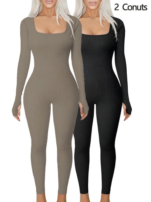 Women's Solid Long Sleeve Square Neck Sports Jumpsuit, Casual Comfy Bodycon Jumpsuit for Yoga Gym Workout, Jumpsuit for Women, Ladies Sportswear for All Seasons Compression Garment