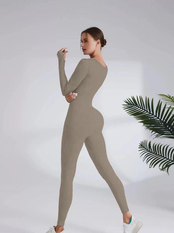 Women's Solid Long Sleeve Square Neck Sports Jumpsuit, Casual Comfy Bodycon Jumpsuit for Yoga Gym Workout, Jumpsuit for Women, Ladies Sportswear for All Seasons Compression Garment