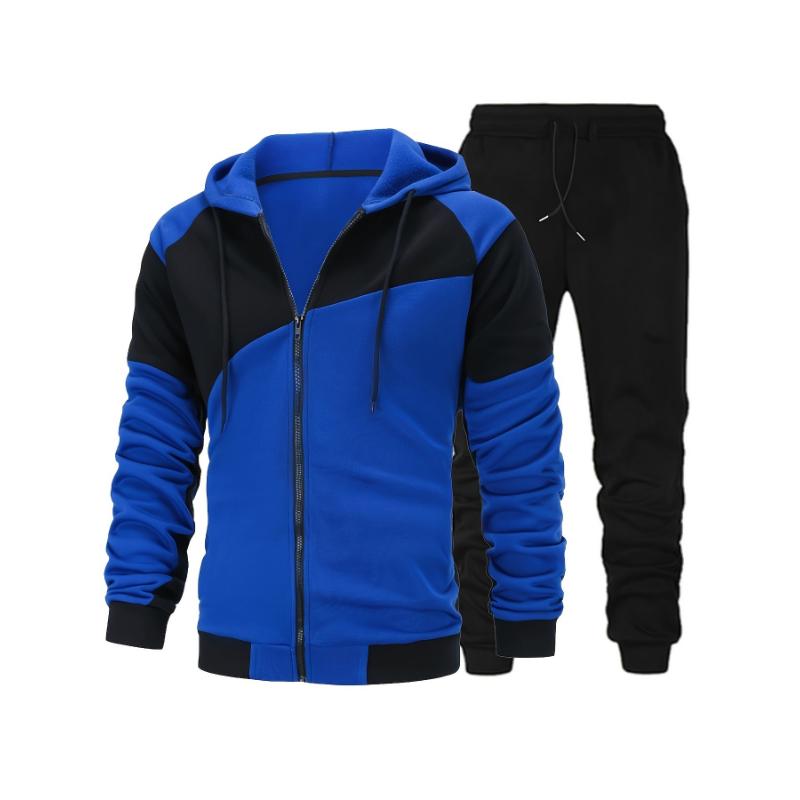 2-piece Men's Fall Winter Sports Outfit Set, Men's Color Block Long Sleeve Hooded Zip Up Sports Jacket & Solid Drawstring Joggers Set