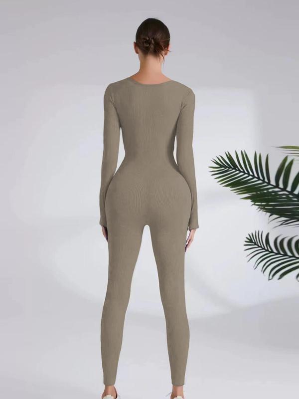 Women's Solid Long Sleeve Square Neck Sports Jumpsuit, Casual Comfy Bodycon Jumpsuit for Yoga Gym Workout, Jumpsuit for Women, Ladies Sportswear for All Seasons Compression Garment