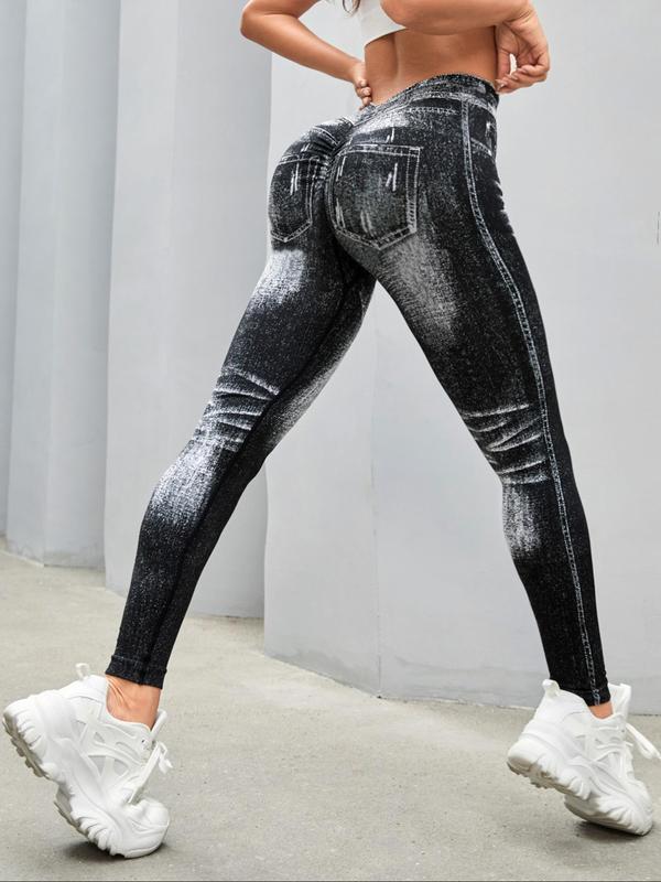 Women's Denim-effect Print High Waist Sports Leggings, Women's Tight Pants, Sporty Comfy Breathable Skinny Pants for Yoga Gym Workout Running, Ladies Sportswear for All Seasons Women's Tight Pants, Tummy Control