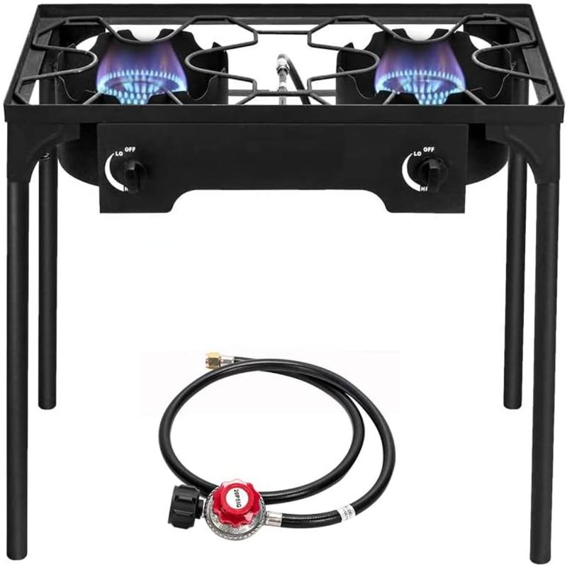 2 Burner Outdoor Portable Propane Stove Gas Cooker, Heavy Duty Iron Cast Patio Burner with Detachable Stand Legs for Camp Cooking (2-Burner 150,000-BTU)