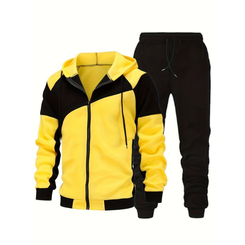 2-piece Men's Fall Winter Sports Outfit Set, Men's Color Block Long Sleeve Hooded Zip Up Sports Jacket & Solid Drawstring Joggers Set