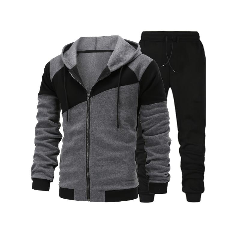 2-piece Men's Fall Winter Sports Outfit Set, Men's Color Block Long Sleeve Hooded Zip Up Sports Jacket & Solid Drawstring Joggers Set