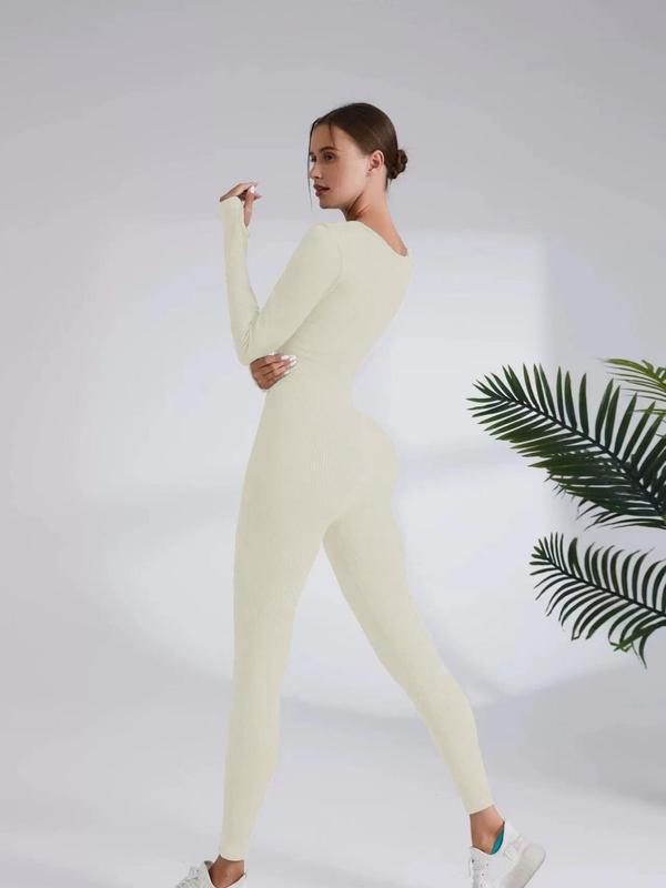 Women's Solid Long Sleeve Square Neck Sports Jumpsuit, Casual Comfy Bodycon Jumpsuit for Yoga Gym Workout, Jumpsuit for Women, Ladies Sportswear for All Seasons Compression Garment