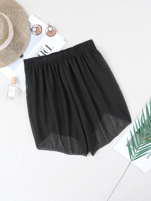 Plus Size Plain Tassel Tie Front Elastic High Waist Shorts, Casual Swim Shorts for Summer, Women's Swimwear Bottoms for Beach Vacation Holiday