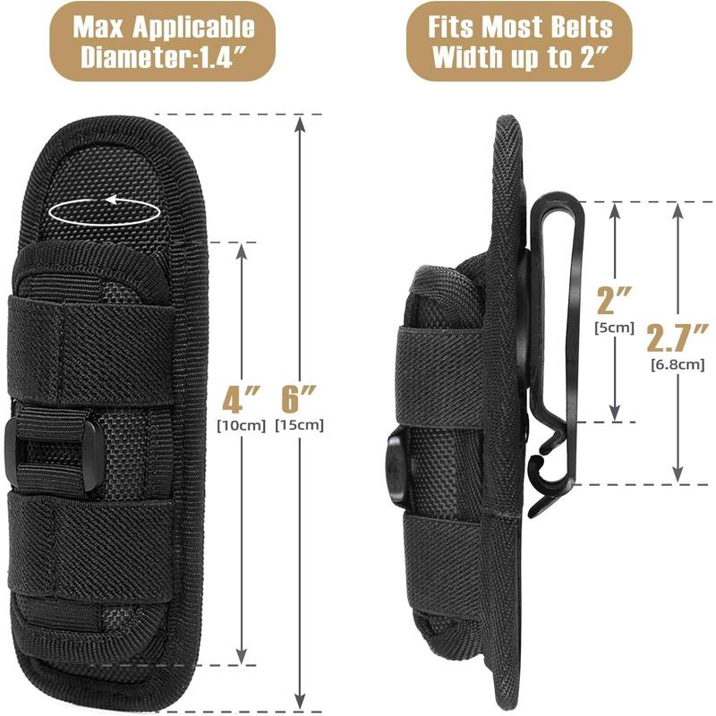 Tactical Flashlight Pouch Holster, Rotatable Flashlight Holder Belt Clip Tactical Torch Carry Case with 360 Degree Carabiner Reel Clip