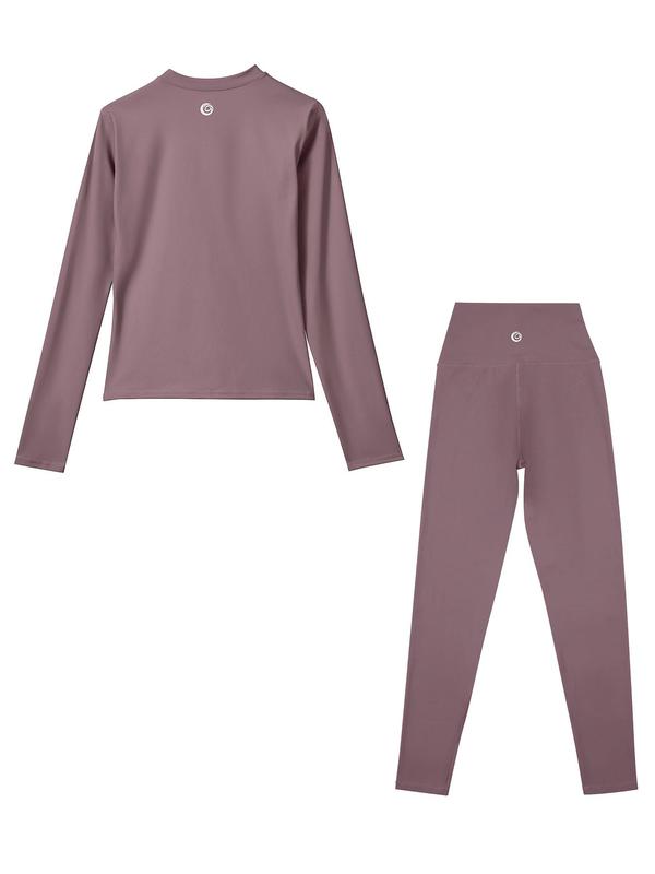 Women's Solid Long Sleeve Tee & High Waist Leggings Two-piece Set, Sporty Round Neck Top & Skinny Pants Set for Gym Workout Running, Ladies Sportswear for All Seasons