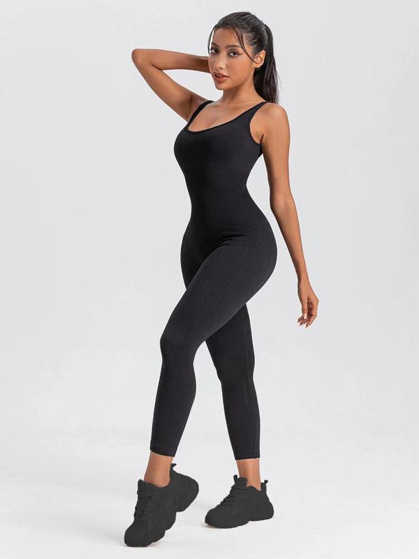 Women's Solid Scoop Neck Ribbed Sports Jumpsuit, Casual Comfy Sleeveless Bodycon Jumpsuit for Yoga Gym Workout, Ladies Sportswear for All Seasons