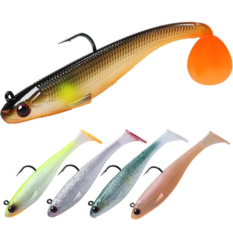 Summer Random Color Pre-rigged Jig Head Soft Fishing Lures, 5 Counts set Paddle Tail Swimbaits for Bass Fishing, Shad tadpole Lure with Spinner, Premium Fishing Bait for Freshwater Saltwater, Fishing Equipment Fishing Stuff Fishing Gear