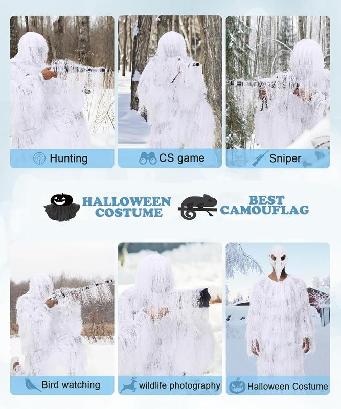 Snow Camo Ghillie Suit for Men, Airsoft Hooded Gilly Suit, Youth Camouflage Hunting Outfit for Fall Winter