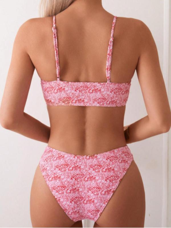 Two-piece Set Women's Floral Print Ruched Bikini Set, Casual Tie Front Swim Bra & Swim Panty Set for Beach Holiday Vacation, Ladies Summer Clothes