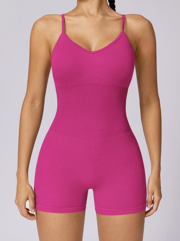 Women's Criss Cross Backless Sports Tummy Control Romper, Sporty Solid High Waist Scrunch Romper, Ladies Sportswear for Gym Fitness Yoga, Summer Clothes Women