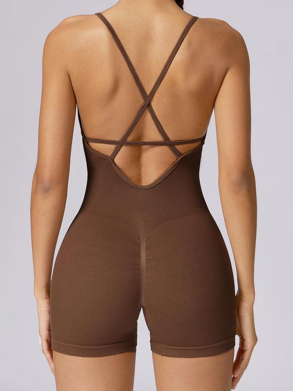 Women's Criss Cross Backless Sports Tummy Control Romper, Sporty Solid High Waist Scrunch Romper, Ladies Sportswear for Gym Fitness Yoga, Summer Clothes Women