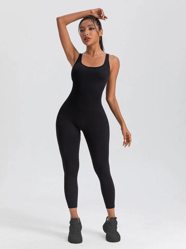 Women's Solid Scoop Neck Ribbed Sports Jumpsuit, Casual Comfy Sleeveless Bodycon Jumpsuit for Yoga Gym Workout, Ladies Sportswear for All Seasons