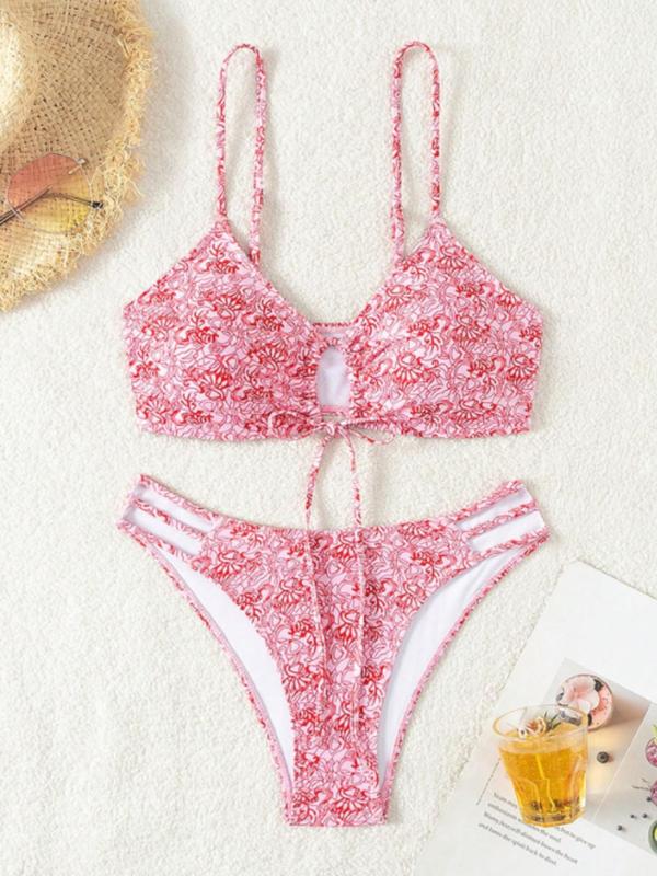 Two-piece Set Women's Floral Print Ruched Bikini Set, Casual Tie Front Swim Bra & Swim Panty Set for Beach Holiday Vacation, Ladies Summer Clothes