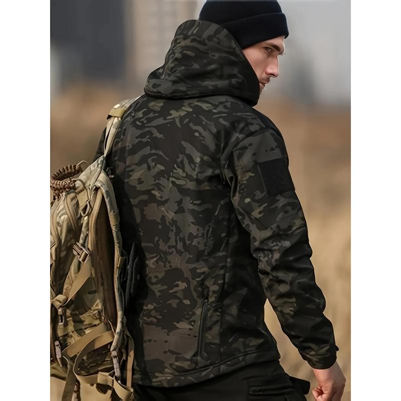 Men's Camo Sharkskin Jacket & Fleece-Lined Pants Set - Windproof, Waterproof, Warm Hooded Outfit for Hiking, Hunting & Outdoor Adventures