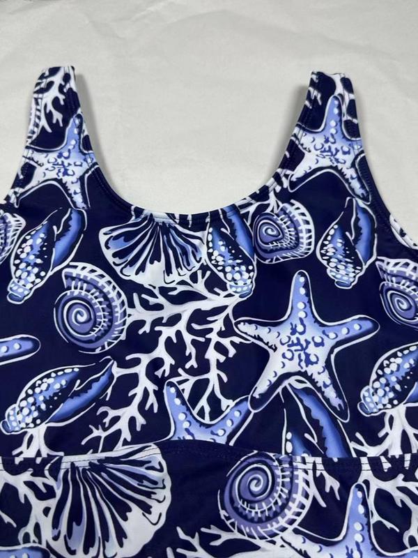 Women's All Over Starfish Print Drawstring Tankini Set, Casual Scoop Neck Swim Top & Solid Shorts, Ladies Summer Swimwear for Beach Holiday Vacation