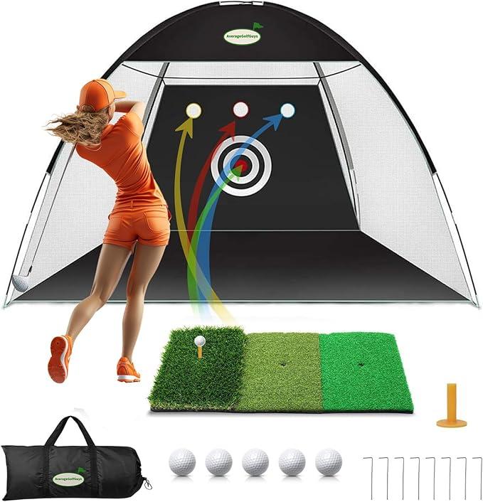 Golf Practice Net,10x7ft All-in-One Indoor Outdoor for Backyard Driving, Swing Training, Chipping, Includes Tri-Turf Golf Mat Targets 5 Balls Portable Bag, Gifts for Men Husband Dad, Black