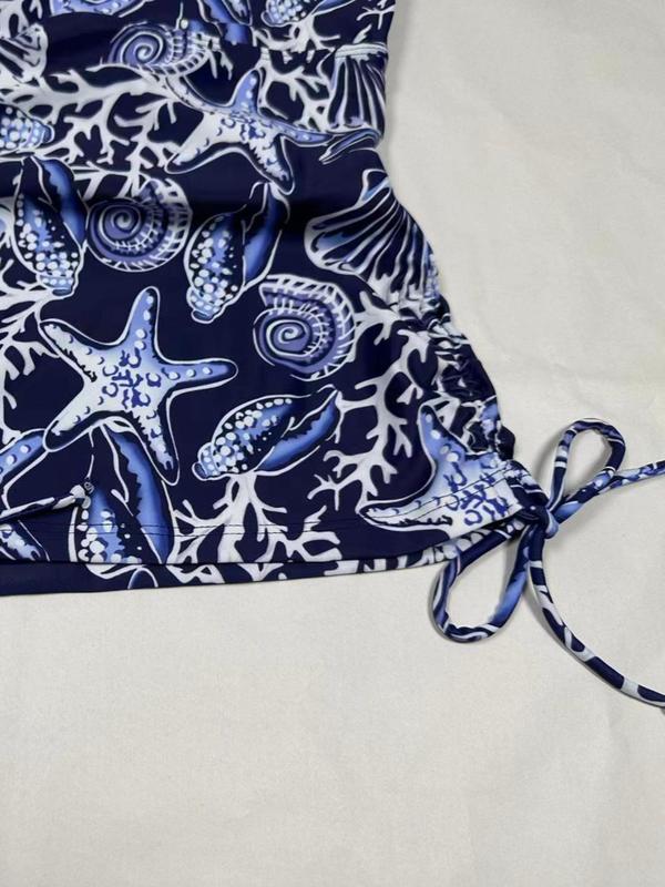 Women's All Over Starfish Print Drawstring Tankini Set, Casual Scoop Neck Swim Top & Solid Shorts, Ladies Summer Swimwear for Beach Holiday Vacation