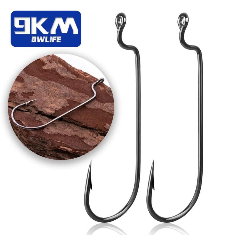 Fishing Offset Worm Hooks, 50pcs High Carbon Steel EWG Hooks for Bass Fishing, Wide Gap Barbed Shank Saltwater Fishing Hooks