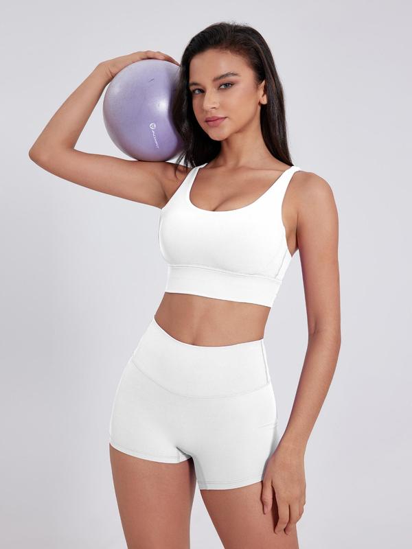 Two-Piece Set Women's Solid Criss Cross Crop Sports Bra & High Waist Shorts Tracksuit Set, Breathable Comfortable Seamless Outfits for Yoga Gym Workout Running, Ladies Sportswear for All Seasons