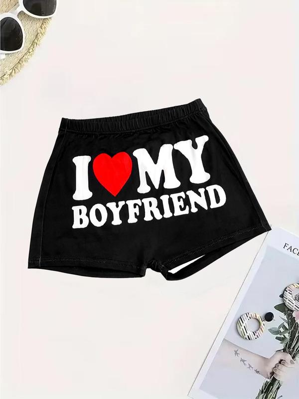 Women's Letter & Heart Print Elastic Waist Shorts, Casual Comfy 