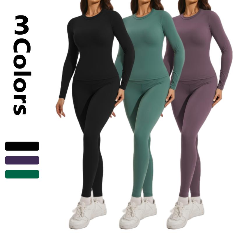 2pcs Solid Color Workout Sets, Long Sleeve Sports Yoga Top & High Waist Hip Lift Running Leggings, Women's Activewear