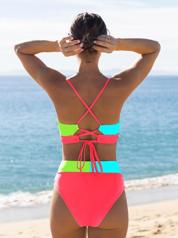 Two-Piece Set LGBTQ+ Women's Colorblock Patchwork Lace Up Criss Cross Twist Bikinis Set, Back To School Outfits, Cut Out Spaghetti Strap Tie Back Swim Top & Swim Bottom Bikini Sets, Bathing Suits Women, Ladies Summer Swimwear