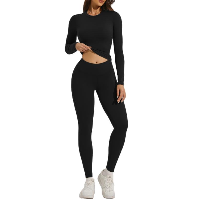 2pcs Solid Color Workout Sets, Long Sleeve Sports Yoga Top & High Waist Hip Lift Running Leggings, Women's Activewear