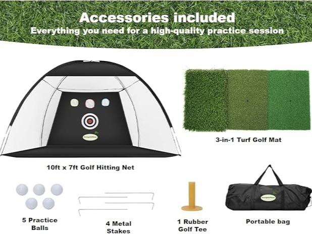 Golf Practice Net,10x7ft All-in-One Indoor Outdoor for Backyard Driving, Swing Training, Chipping, Includes Tri-Turf Golf Mat Targets 5 Balls Portable Bag, Gifts for Men Husband Dad, Black