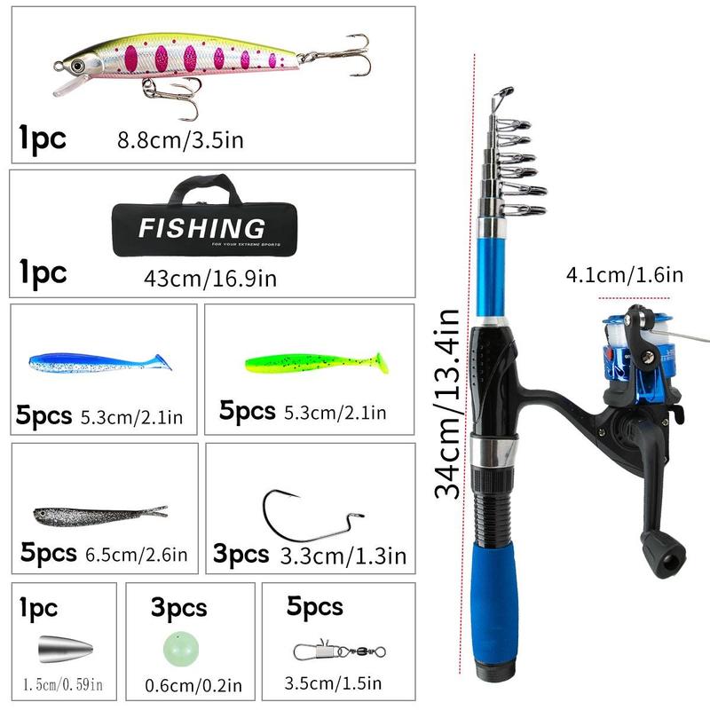 Portable 1.7 Meter Fishing Kit, Retractable Fishing Rod with Fishing Reel & Fishing Lures & Fishing Hooks & Baitcaster Combo & Fishing Net & Fishing Bag, Fishing Equipment