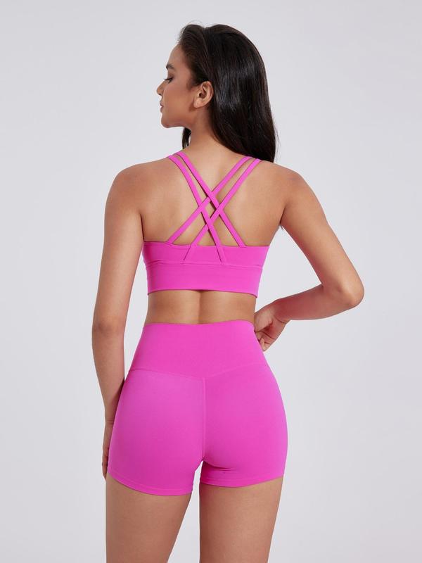 Two-Piece Set Women's Solid Criss Cross Crop Sports Bra & High Waist Shorts Tracksuit Set, Breathable Comfortable Seamless Outfits for Yoga Gym Workout Running, Ladies Sportswear for All Seasons