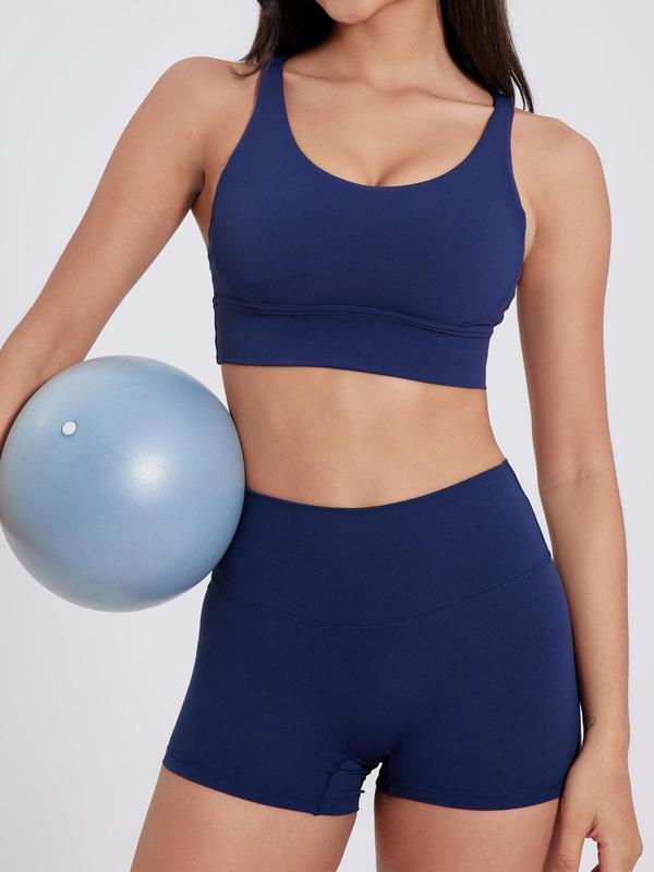 Two-Piece Set Women's Solid Criss Cross Crop Sports Bra & High Waist Shorts Tracksuit Set, Breathable Comfortable Seamless Outfits for Yoga Gym Workout Running, Ladies Sportswear for All Seasons