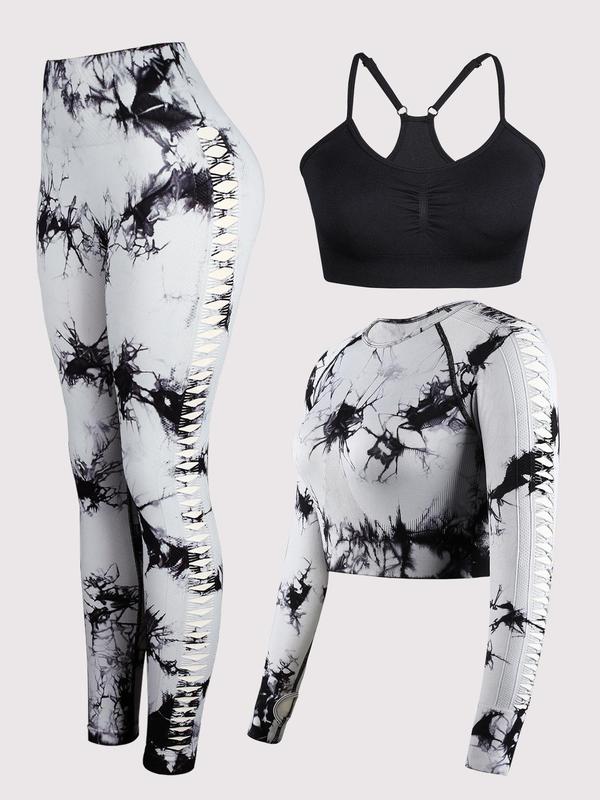 Three-Piece Set Women's Tie Dye Print Raglan Sleeve Crop Top & Leggings & Plain Ruched Crop Cami Top Tracksuit Set, Sporty Breathable Comfy Outfits for Yoga Gym Workout Running, Ladies Sportswear for All Seasons