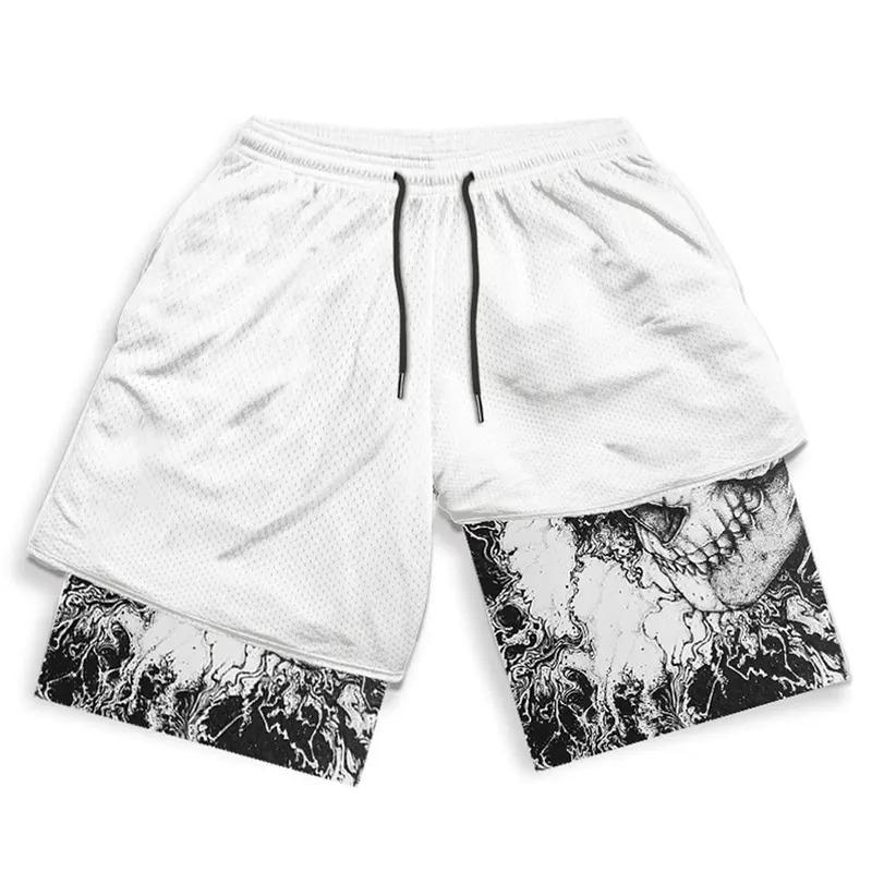 Y2K Compression Shorts Skull Print 2 in 1 Gym Shorts for Men Active Athletic 5 Inch Quick Dry Stretchy Training Fitness Workout