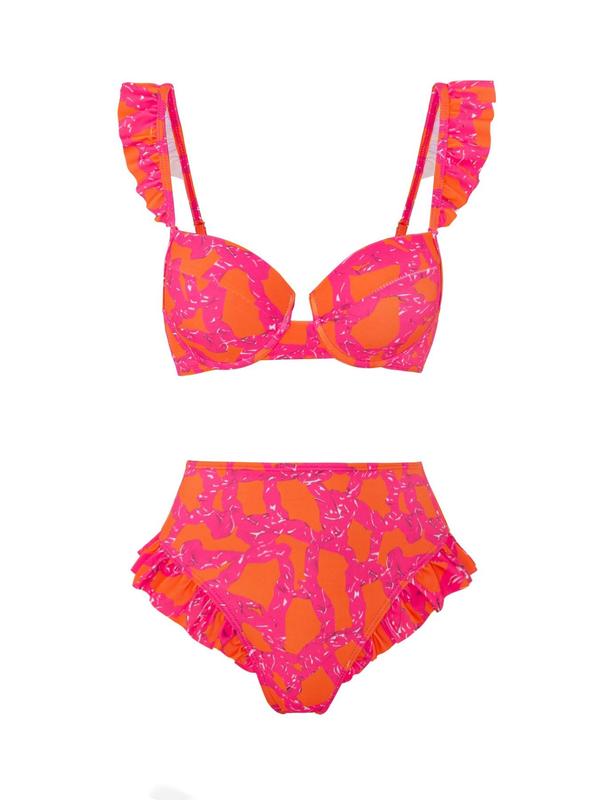 Three-Piece Set Women's All Over Print Ruffle Trim Swimsuit Sets, Boho Sleeveless Swim Top & High Waist Swim Bottom & Split Thigh Cover Up Skirt Set, Bathing Suits, Tummy Control Swimwear, Ladies Back To School Swimwear for Beach