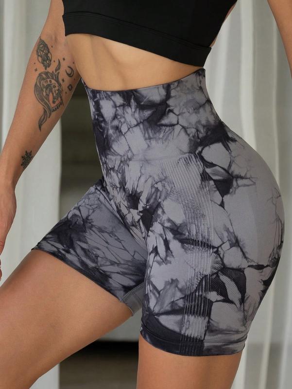 Women's 4pcs Set Tie Dye Print High Waist Seamless Gym Shorts, Casual Comfy Breathable Wide Waistband Skinny Yoga Shorts , Casual Comfy Breathable Seamless High Stretch Bike shorts, Ladies Active Shorts Leggings for Indoor Outdoor Wear