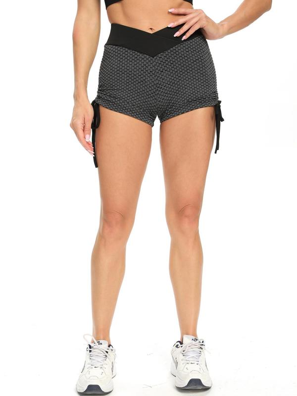 Women's Patchwork Plaid Jacquard Drawstring Sports Shorts, Gym Shorts, High Stretch Ruched Yoga Skinny Bottoms, Ladies Sportswear for Indoor Outdoor Wear