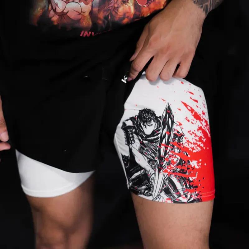 Y2K Compression Shorts Skull Print 2 in 1 Gym Shorts for Men Active Athletic 5 Inch Quick Dry Stretchy Training Fitness Workout